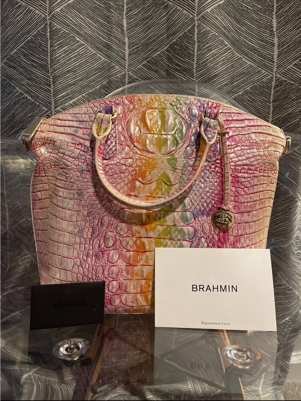 Brahmin Multicolor Croc-Embossed Satchel - Pink, Yellow, Green, Blue - Picture 3 of 9